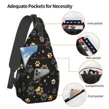 Paw Print Sling Bag For Women Crossbody Bag Golden Dog Paw Print And Stars On Black Background Sling Backpack For Men Cute Animal Footprint Shoulder Bag Gym Sports Travel HiFKing Daypack - 金的 - 查看 4