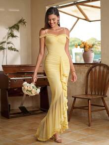 PARTHEA Cold Shoulder Ruffles Ruched Trim Streaking Hem Mesh Bodycon Women Cocktail Dresses(Zipper,Sexy,Elastic Force) - Yellow - View 1