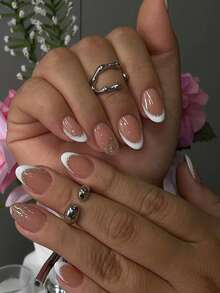 24pcs Oval Short Nude Pink Glossy White French Nail Stickers Set, Minimalist Glitter Design Acrylic Material Short Fit Fake Nails Set, Includes: 1pc Jelly Gel And 1pc Nail File, Suitable For Women And Girls For Daily Work, Study And Party