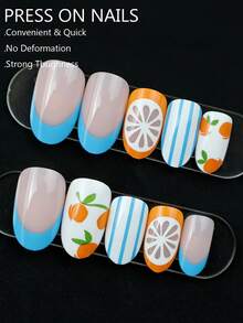 24pcs Oval Nail Stickers Set - Blue French, Orange, Lemon Yellow, Blue Striped Patterns. Oval Shaped Artificial Nails. This Full Adhesive Fake Nails Suit Women And Young Girls. Nail Art Designs Suitable For All Seasons (Spring, Summer, Autumn, Winter), Fit For Party, Date And Daily Office Occasions. Nail Care Products, Nail Art, Acrylic Nail Kit - Multicolor - View 3