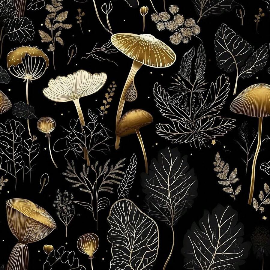 Boho Wallpaper Peel And Stick Dark Floral Contact Paper 17.5\ X 393\ Vinyl Se- Adhesive Vintage Mushrooms Wall Mural Leaf Wall Paper For Room Countertop Drawer Decor(Golden,Black) - 黑金 - 查看 1