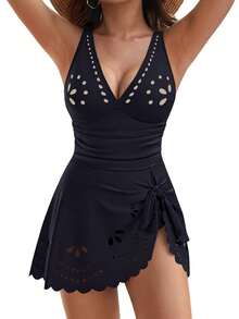 Womens Swim Dress One Piece Tummy Control Swimsuits Slimming Full Coverage Bathing Suit - màu đen - Xem 6