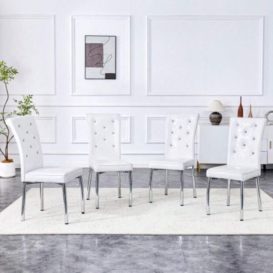Set Of 2, Retro Alligator Skin Upholstered Dining Chairs With Crystal Buckle Design And Faux Leather Design, Adding A Touch Of Elegance And Mystery To The Dining Area, Electroplated Metal Legs - White - View 1