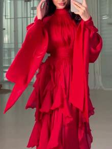 Vestidos Elegantes De Mujer,Women's Elegant And Stylish Ruffled Fitted Dress - Đỏ - Xem 4