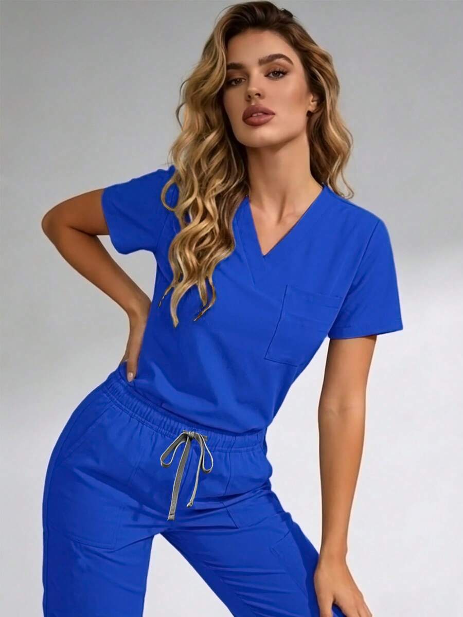 V领速干医用工作服套装，新款设计 | 弹力轻盈 | 适合医院、诊所及居家休闲穿着 | 多口袋设计，春季款 - 寶藍色 - 查看 1