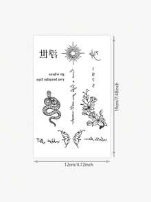 一套时尚脊椎纹身贴纸，复古小众组合纹身贴纸 - 浮世绘文字/太阳/蛇/花卉暗黑极简防水背部纹身贴纸，脊椎纹身 - 黑色 - 查看 5