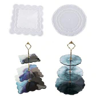 3-Tier Asymmetrical Wavy Square & Round Cake Stand, Display Rack, Coaster, Tableware, Cake Mold Silicone Holder