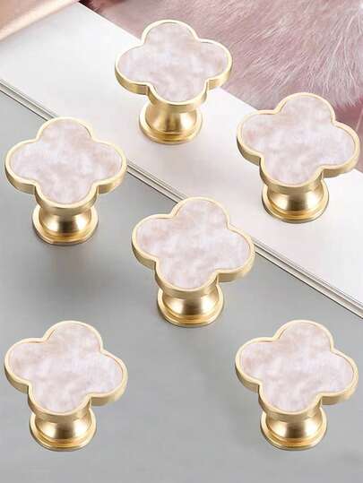6pcs Flower Shaped Cabinet Drawer Pulls, American Style Metal Door Handles, Suitable For Various Cabinets, Wardrobes, Bookcases, Office, Kitchen And Bathroom, Copper Material, Comes With Screws