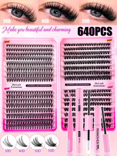 640片装睫毛嫁接套装，DIY睫毛嫁接套装，单根睫毛簇，D型卷翘，套装包含睫毛胶、卸妆液、定型凝胶和涂抹刷，方便在家自行嫁接（30D-40D-50D）。睫毛嫁接套装，适合旅行、日常佩戴（适合初学者）、婚礼、约会、派对、节日，也是圣诞节/万圣节/送礼佳品。