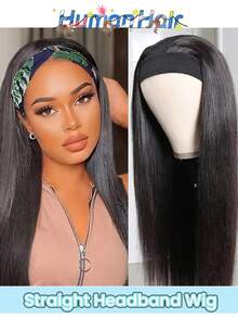 24英寸优雅长直发发箍假发，真人发丝，骨直发，180%密度，无胶假发，全机织巴西真人发假发，专为设计，易于佩戴 - Natural Black - 查看 2