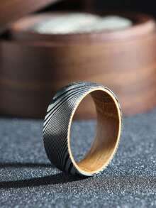 1枚8毫米高品质大马士革威士忌酒桶戒指，男士大马士革钢木质结婚戒指，独特的订婚圣诞礼物，送给男友，大马士革钢含量>60% - 銀色 - 查看 5