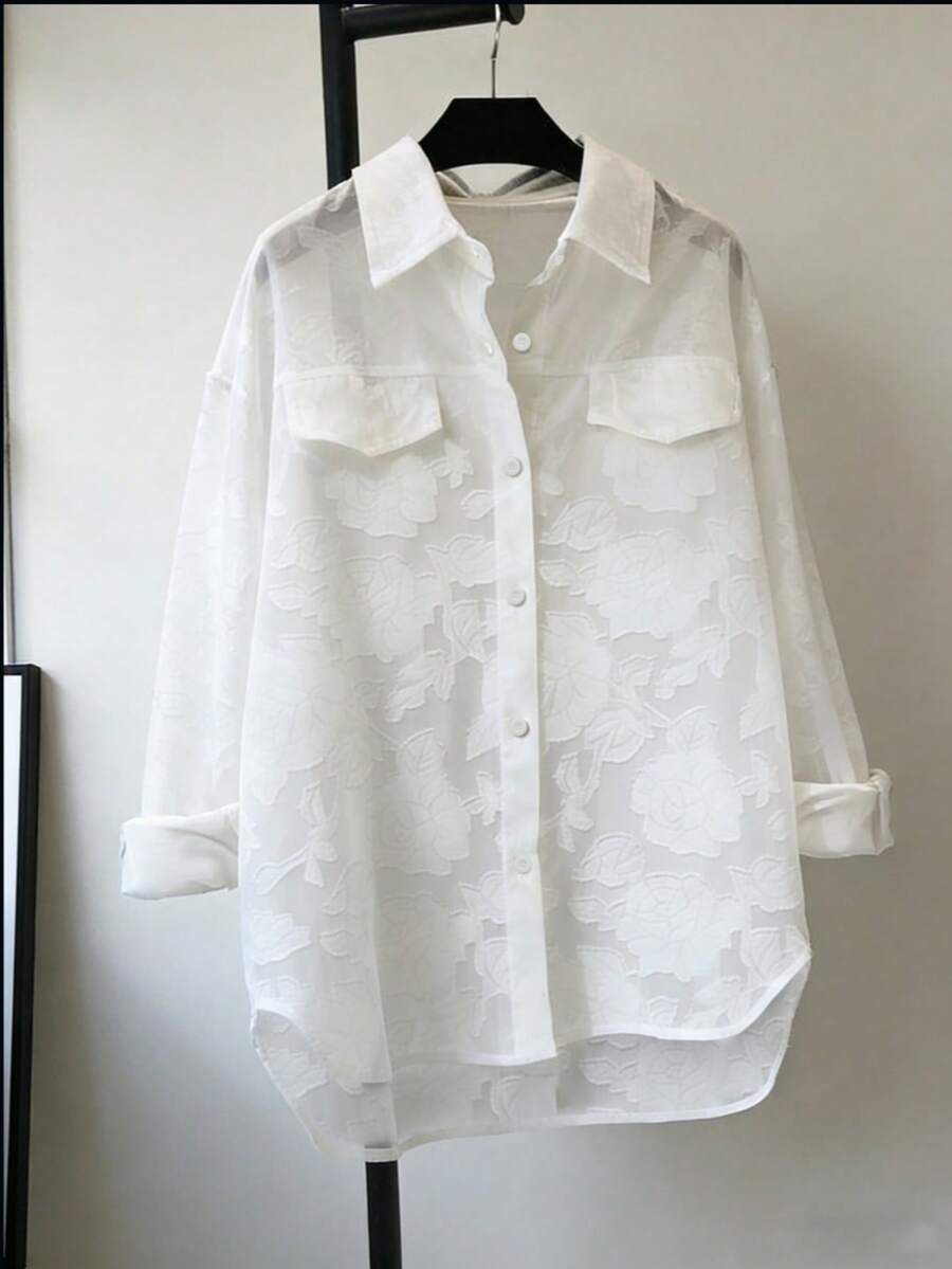 Women's Casual Sheer Chiffon Jacquard Turndown Collar Long Sleeve Loose Lightweight Sun Protection Cover Up