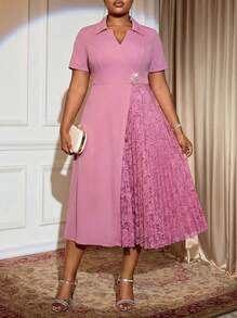 Voworia Pink Turn Down Collar A Line Dresses Lace Patchwork Short Sleeves Work Business Party Fashion Curve Women - Pink - View 1