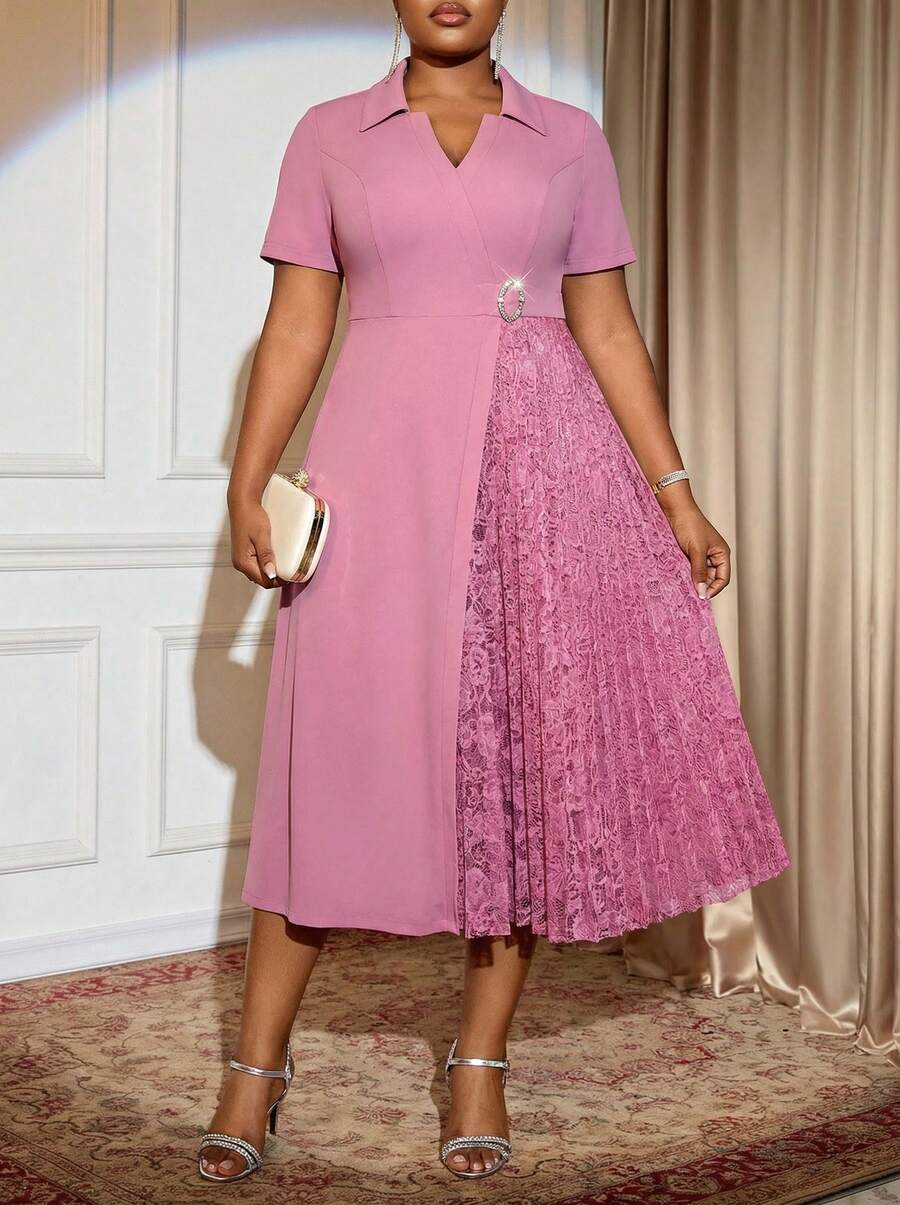 Voworia Pink Turn Down Collar A Line Dresses Lace Patchwork Short Sleeves Work Business Party Fashion Curve Women - Pink - View 1