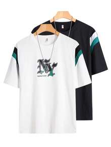 男士印花T恤，宽松休闲圆领美式短袖T恤，夏季上衣 - 白色 - 查看 7