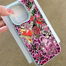 1pcs Pink Leopard Tattoo Roses Skull Heart Phone Case Suitable For Apple Phone 11 12 13 Pro Xs Max XS X 14 15 16 Plus 17ProMax Silicone Shock Proof Vintage Funky Cute Fashion Can Be Given To Friends You Can Give It To Yourself - 薄荷綠 - 查看 2