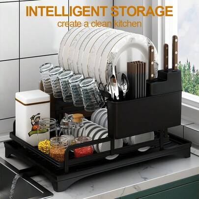 מדף כלים למטבח דו-קומתי: ניתן לניקוז, מחזיק סכו"ם וכוסות/צלחות, מדף אחסון כלים הכל-באחד לארגון יעיל במטבח