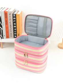 1个纯色简约绗缝化妆包，适合女性旅行、大学宿舍使用，便携式洗漱包，三层大容量，方便携带，送给妈妈的绝佳礼物，旅行必备，多功能，假日必备 - 粉色 - 查看 5