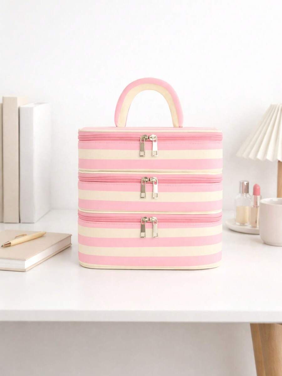 1个纯色简约绗缝化妆包，适合女性旅行、大学宿舍使用，便携式洗漱包，三层大容量，方便携带，送给妈妈的绝佳礼物，旅行必备，多功能，假日必备 - 粉色 - 查看 1