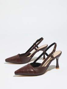 女士尖头细高跟鞋 时尚百搭 工作派对压纹纯色无后跟搭扣高跟鞋 - 深棕色 - 查看 3