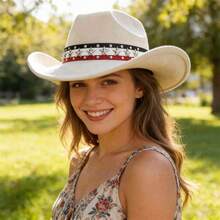 Women Men Cowgirl Hat, Vintage Stars Rivets Roll-Up Wide Brim Western Hat For Club Party - 米色 - 查看 3