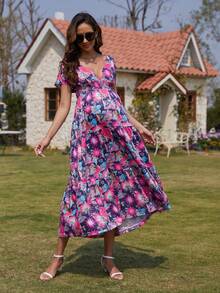KUYIGO Women's Summer Long Dress, Casual Bohemian Style Floral Print V-Neck Short-Sleeved Pleated Ruffle Chiffon Beach Maxi Dress - Nhiều màu - Xem 9