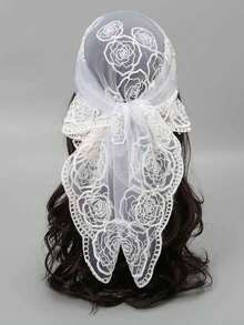 1条时尚女士高品质轻盈花卉刺绣80厘米方巾，婚礼配饰，女士头巾，适合婚礼、派对、聚会等各种场合，四季皆宜。 - 白色 - 查看 2