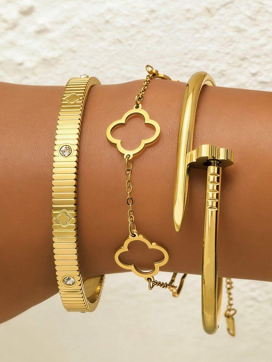 3pcs Stainless Steel 18K Gold Plated Women's Bangle Bracelets, Thick Multi-Layer Gold Bracelet, Four-Leaf Clover Design With CZ Zirconia Decor, Stackable Bracelets, Elegant Gift For Halloween, Christmas - Four Leaf Clover - View 1