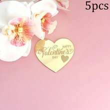 5 piezas/10 piezas/20 piezas Toppers de cupcake en forma de corazón de acrílico dorado con "Feliz Día de San Valentín", adecuados para el Día de San Valentín, fiestas de boda, decoración de pasteles y postres DIY - Multicolor - Ver 40