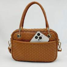 Checkered Crossbody Bag For Women Shoulder Plaid Handbags Top Handle Satchel Bag Woven Bum Bag Stylish Woven Crossbody Bag PU Leather - 純棕色 - 查看 10