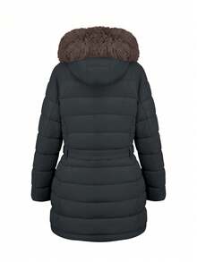 Plus Size Women's Hooded Down Jacket With Faux Fur Collar, Autumn/Winter - Đen (nâu) - Xem 3