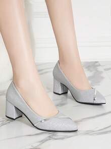 Stylish Women's Pointed Toe Block Heel Shoes, Shiny Upper, Comfortable & Versatile, Elegant Footwear - 銀色 - 查看 4