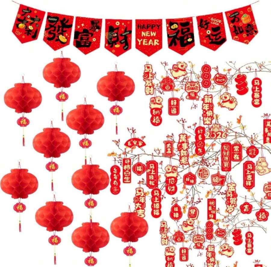 51Pcs Chinese New Year Decorations - 1PCS Happy NYE Banner, 40PCS Hanging Good Luck Ornaments, 10PCS 10 Inch Red Lanterns For Asian Lunar New Year 2026 Year Of The Horse Party Decor - trắng - Xem 1