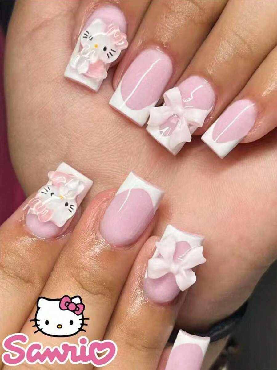 SANRIO 24片中号方形3D凝胶法式美甲贴片，粉色蝴蝶结水钻装饰，粉嫩少女风，完美适配亚克力假指甲套装，内含1支果冻胶和1把指甲锉，适合女性日常、派对和聚会使用。 - 彩色 - 查看 1