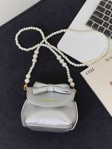 1个女童蝴蝶结PU磁扣简约珍珠链条斜挎包，适合日常四季使用 - A - 查看 14