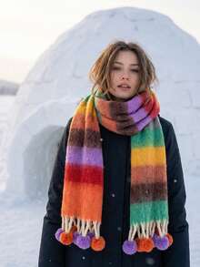 1 Stück Regenbogen Ball Dekor Damen Herbst/Winter Faux Kaschmir gestreifter flauschiger Mohair Plaid dicker Quasten Hänge Ball Schal, warm, modisch, weich, bequem, geeignet für Reisen und den täglichen Gebrauch - Regenbogen - Übersicht 1