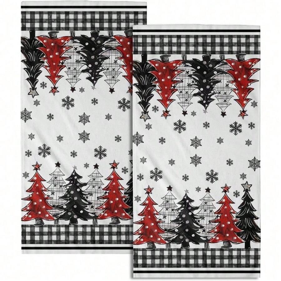 Black White Polka Dot Towels Set Of 2, Boho Polka Dot Hand Towels For Bathroom 14"X28" Vintage Doodle Towels Soft Absorbent Bathroom Hand Towel For Face, Gym, Spa, Kitchen - White Black Buffalo Plaids Christmas Tree - 查看 1