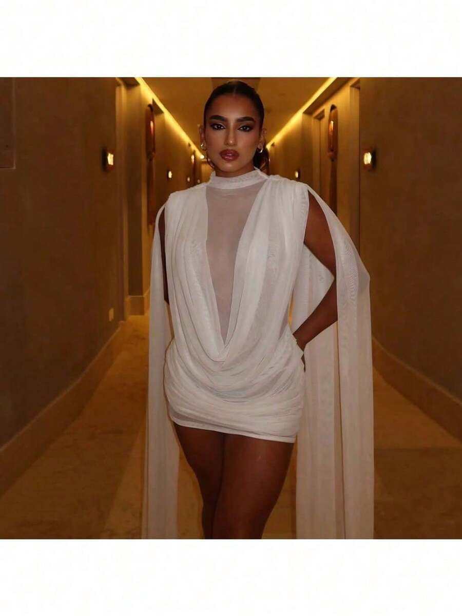 Chic Women's Ruched Bodycon Mini Dress With Flowy Cloak Sleeve, Glamorous And Elaborate For Evening Parties And Special Occasions - White - View 1