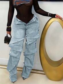 Women's Fashion Stud Denim Embellished Loose Denim Trousers - Baby Blue - View 1