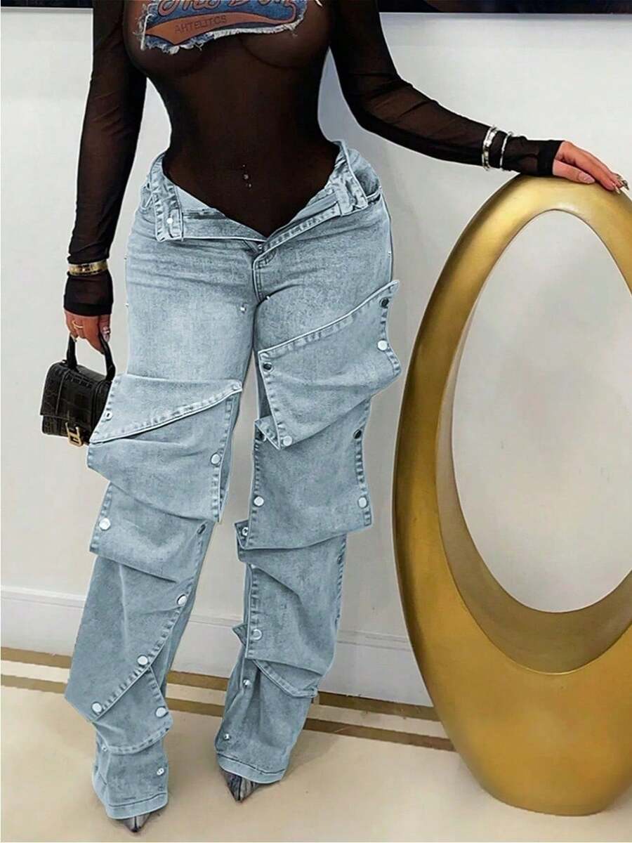 Women's Fashion Stud Denim Embellished Loose Denim Trousers - Baby Blue - View 1