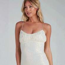 Summer Bead Sexy Suspender Retro Sequined Dress Retro Evening Dress Short - trắng - Xem 4