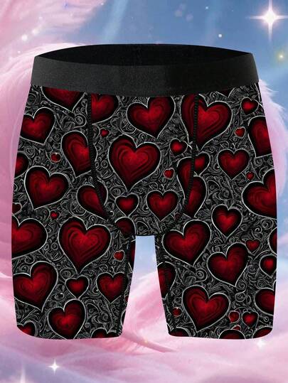 1 Piece Of Playful And Cute Home Casual Men's Boxer Shorts, Red Heart-Themed Valentine's Day Pattern Printed Shorts, Knitted Fabric, Four-Needle Six-Thread Technique, Breathable And Sweat-Wicking, Soft And Skin-Friendly, Novelty Men's Shorts.