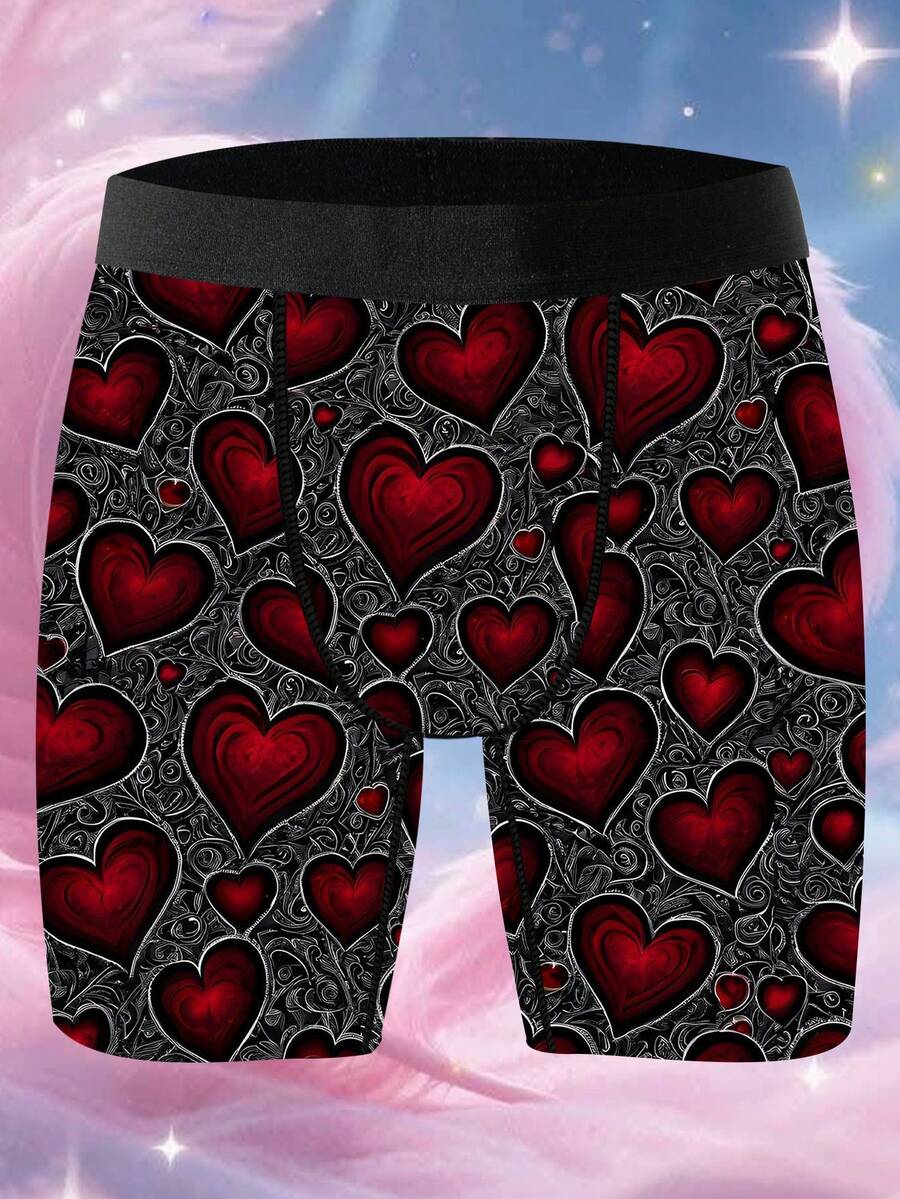 1 Piece Of Playful And Cute Home Casual Men's Boxer Shorts, Red Heart-Themed Valentine's Day Pattern Printed Shorts, Knitted Fabric, Four-Needle Six-Thread Technique, Breathable And Sweat-Wicking, Soft And Skin-Friendly, Novelty Men's Shorts.