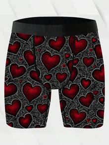 1 Piece Of Playful And Cute Home Casual Men's Boxer Shorts, Red Heart-Themed Valentine's Day Pattern Printed Shorts, Knitted Fabric, Four-Needle Six-Thread Technique, Breathable And Sweat-Wicking, Soft And Skin-Friendly, Novelty Men's Shorts. - Multicolor - View 3