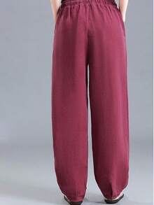 Pantalones sueltos de mujer de unicolor casual con bolsillo anudado y cordón de primavera - Rosa Fucsia - Ver 4