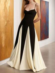 Women's Maxi Dress With Thin Straps In An Elegant And Sexy Color Block Style. - Đen và trắng - Xem 5