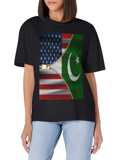 Vintage Usa American And Pakistan Pakistani Flag Women's Casual Slim Fit Short Sleeve T-Shirt Soft Cotton Crew Neck Basic Versatile Top