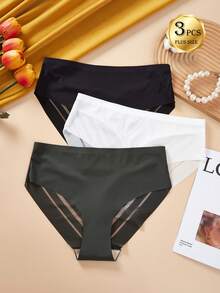 3pcs Plus Size Women's Solid Color Basic Lace Sexy Briefs, Comfortable For Home & Sports - Multicolor - View 3
