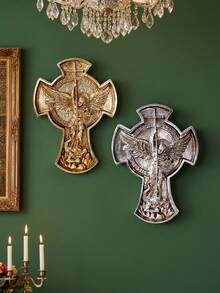 1pc Nordic Mythology Art Design Large Angel Decorative Wall Hanging, Resin Material With Gold & Silver Foil, European Vintage Angel Cross Wall Decor - Multicolor - View 2