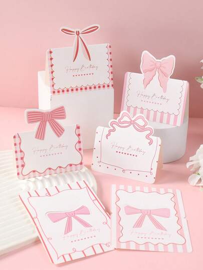 6pcs Pink Bow Birthday Gift Greeting Card Tags, Bowknot Small Business Happy Birthday Gift Cards Thank You Notes, Party Favors Tags, Suitable For Pink Bow Theme Wedding Bridal Baby Shower Birthday Graduations Holidays Party Supplies, To Express Gratitude To Guests, Friends, And Family, Pink Bow Party Decorations, Babyshower Gender Reveal Decorations, Babe Party Supplies, Party Supplies